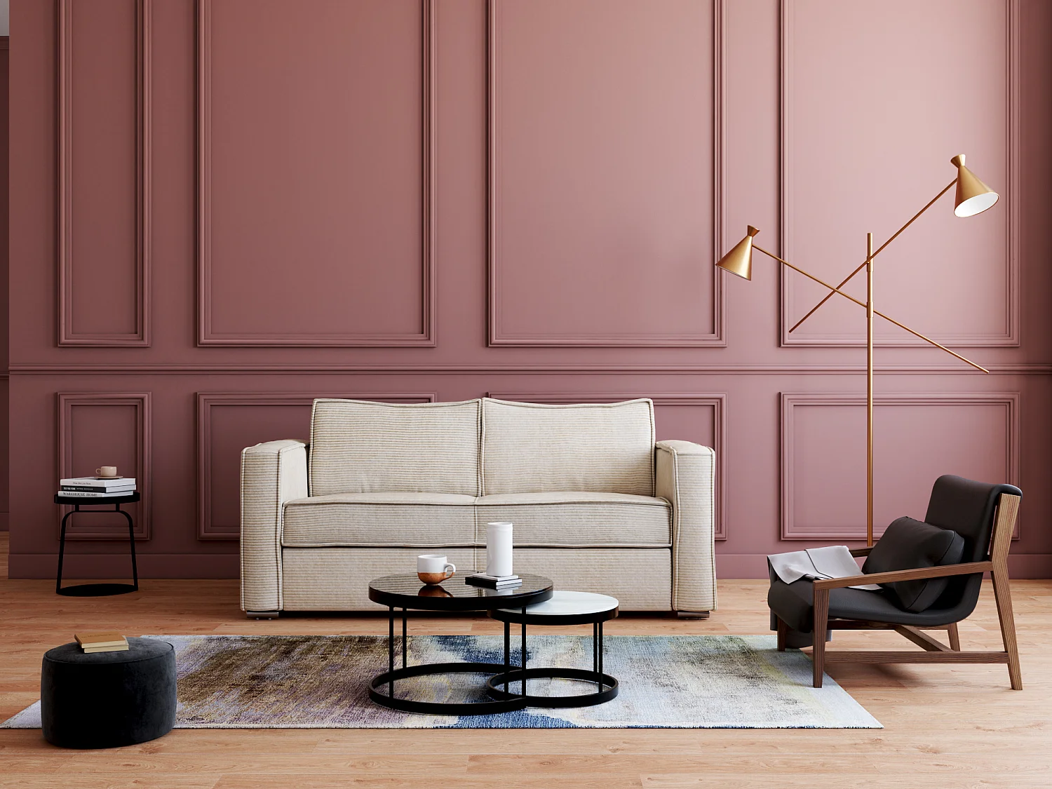 4-seters sovesofa med ekspress sjeselong i beige kordfløyel - Seng 160 cm - Madrass 18 cm LORETO