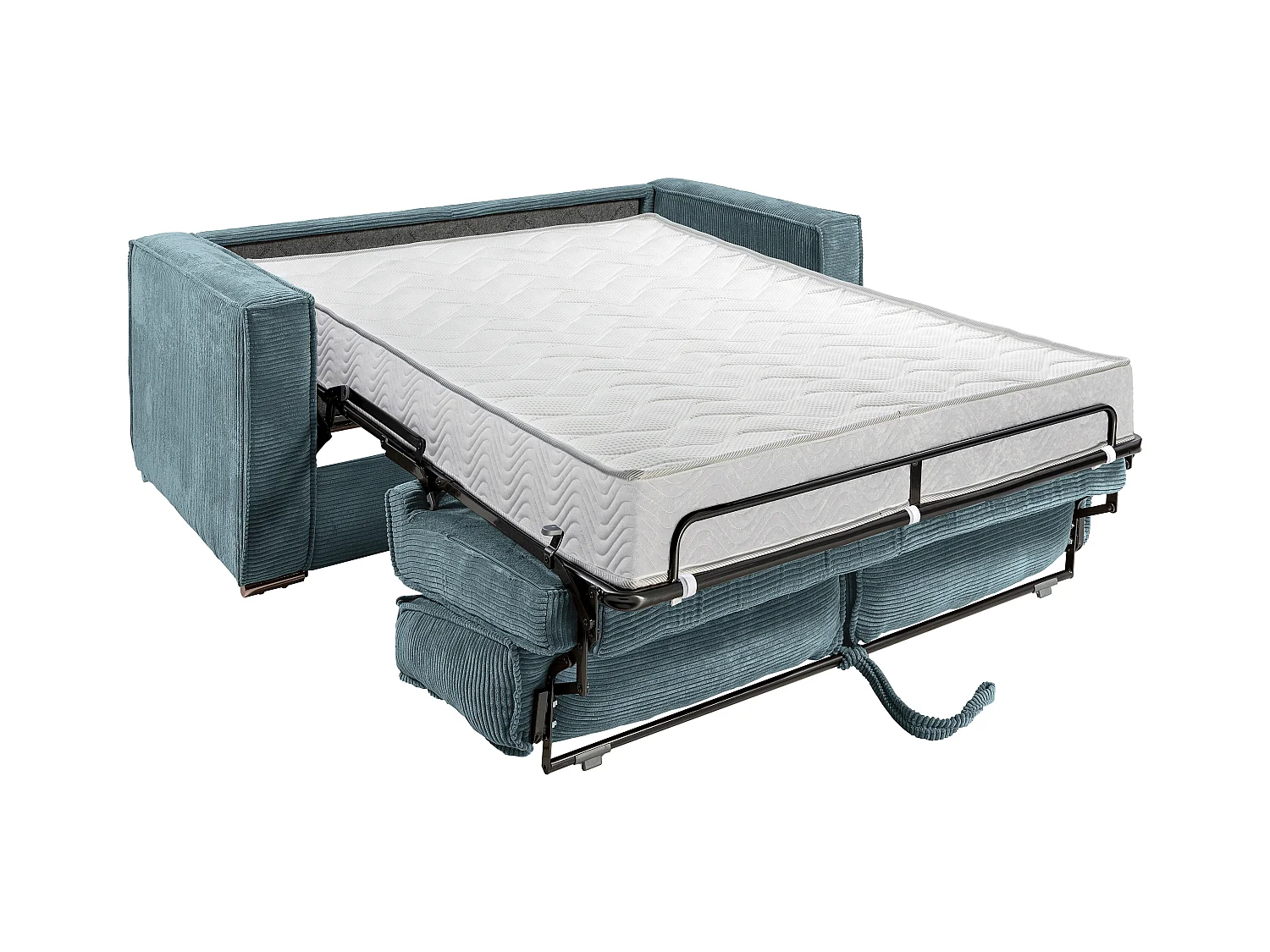 Express-vierzitsslaapbank van turquoise ribfluweel - Bed 160 cm - Matras 18 cm LORETO