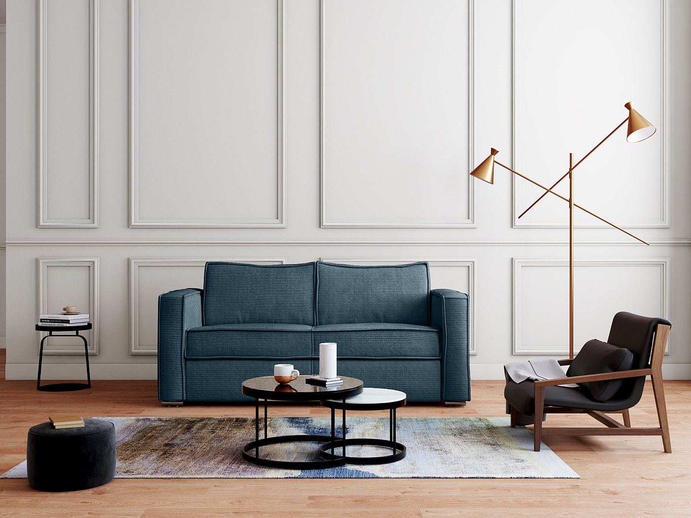 Divano letto 3 posti a ribalta in Velluto coste Blu 140 cm Materasso 18