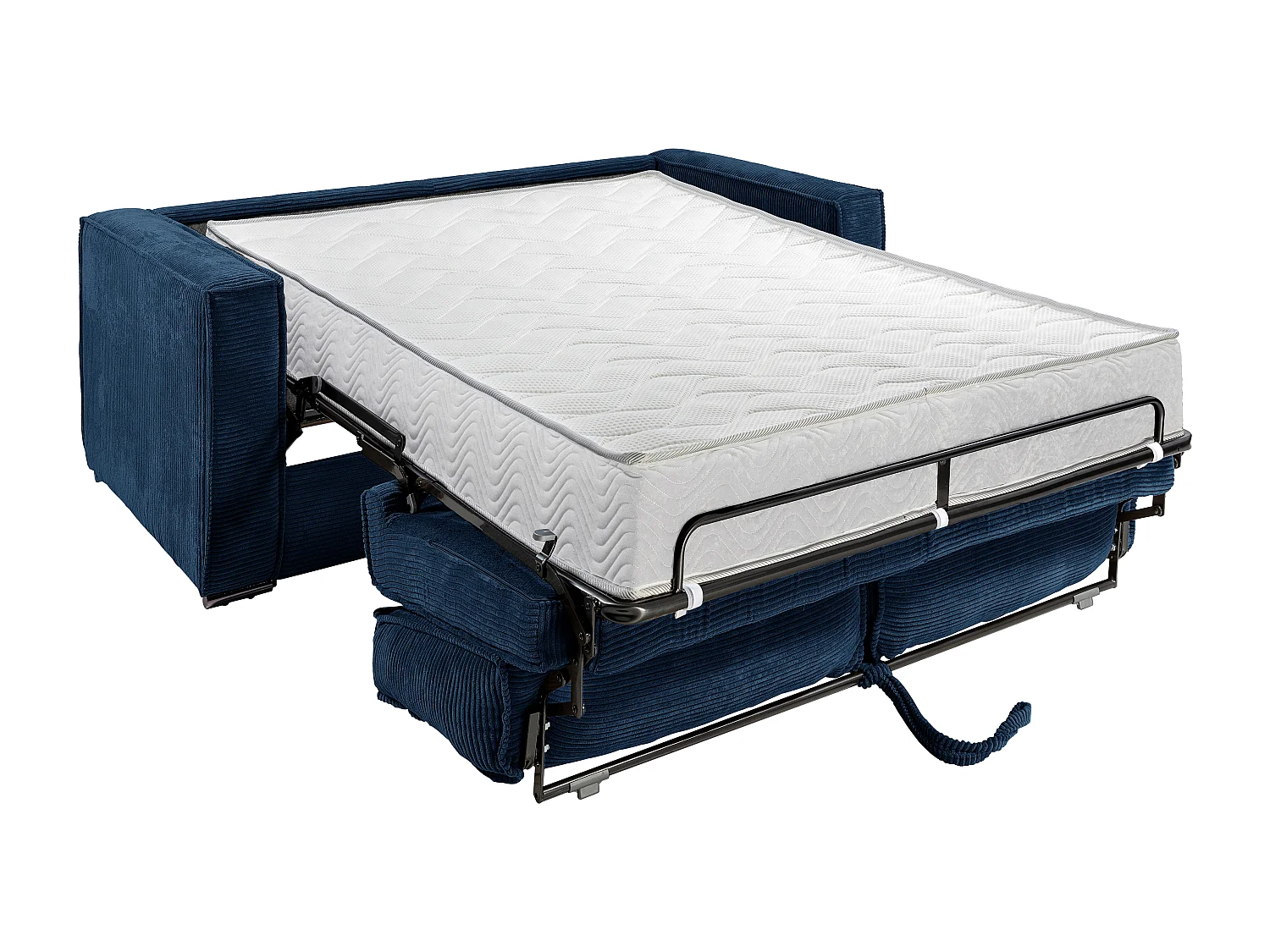 Canapé 3 places convertible express en velours côtelé bleu nuit - Couchage 140 cm - Matelas 22 cm avec mémoire de forme LORETO