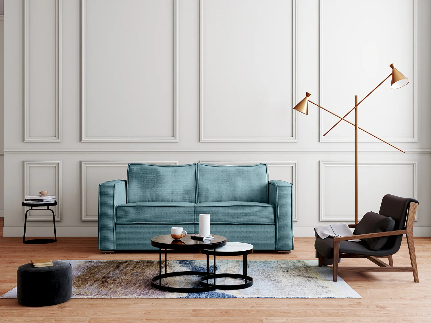 Schlafsofa mit Matratze 3-Sitzer - Cord - Hellblau - Liegefläche 140 cm - Matratze 22 cm mit Memory Schaum - LORETO