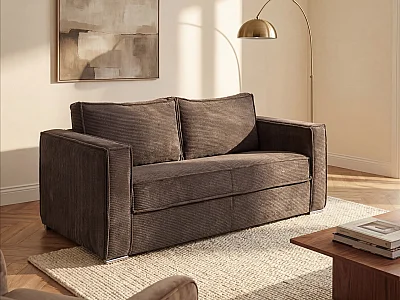 Kanapa 3-osobowa rozkładana typu express z brązowego sztruksu - Miejsce do spania 140 cm - Materac 22 cm z pamięcią kształtu - LORETO