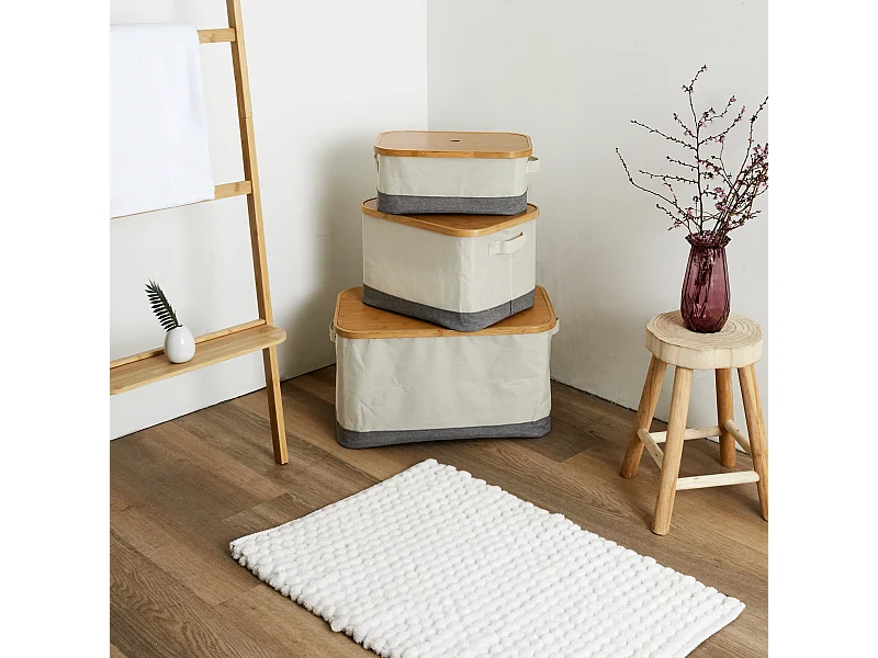 Lot De 3 Paniers Bambou Rect Cerclage Bambou Gris, Marron, Blanc