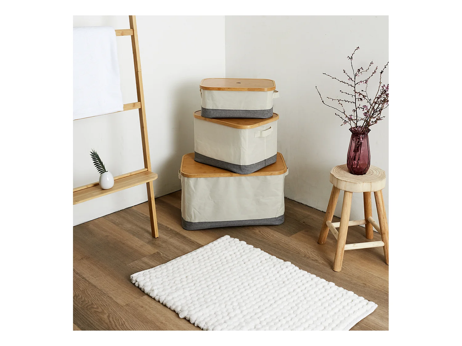 Lot De 3 Paniers Bambou Rect Cerclage Bambou Gris, Marron, Blanc