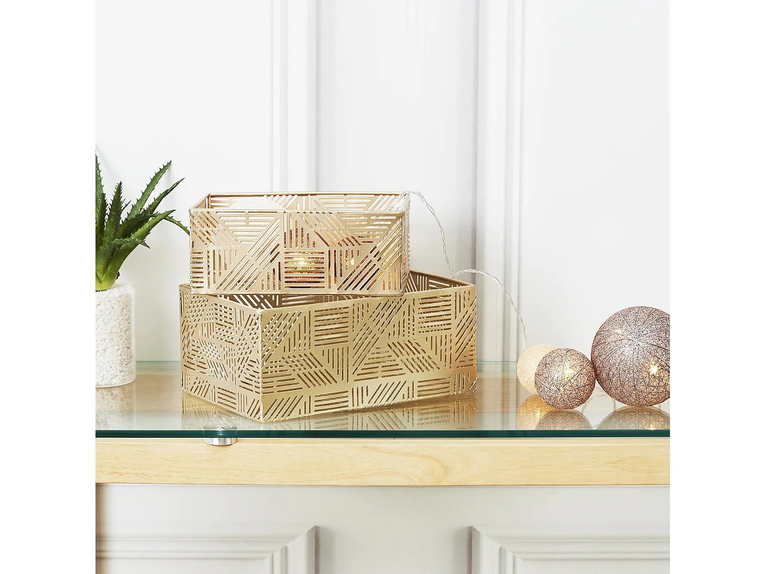 Panier Metal Ajoure Dore Rayure X2 Or