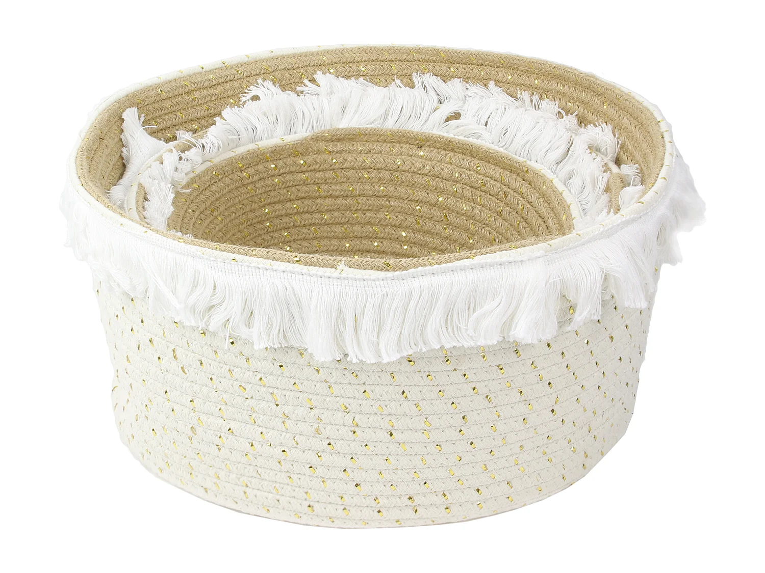 Panier Rangement A Frange Et Fibre Dore X3 Beige, Blanc