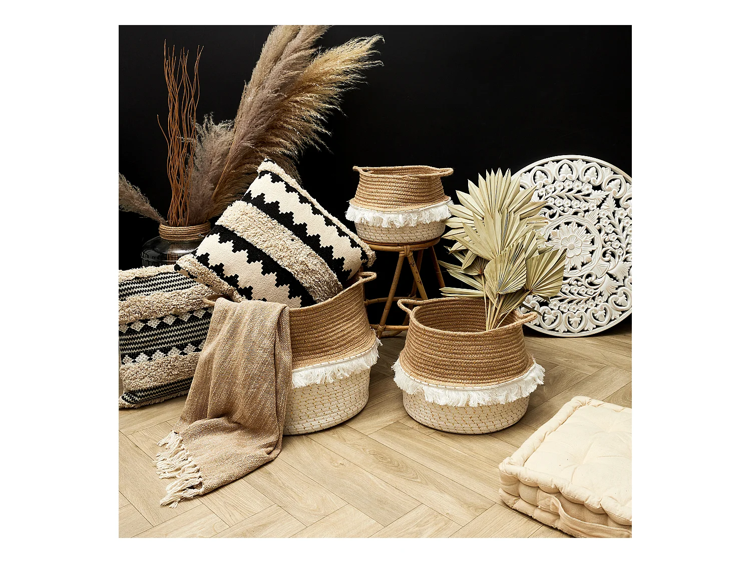 Panier Rangement A Frange Et Fibre Dore X3 Beige, Blanc