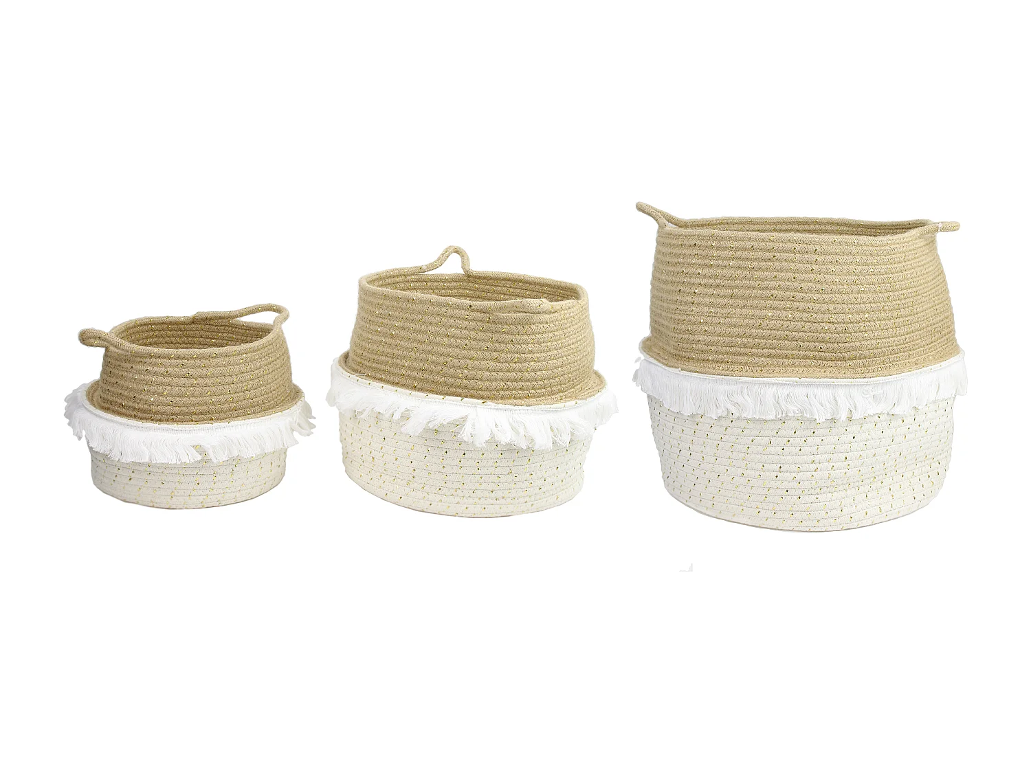 Panier Rangement A Frange Et Fibre Dore X3 Beige, Blanc