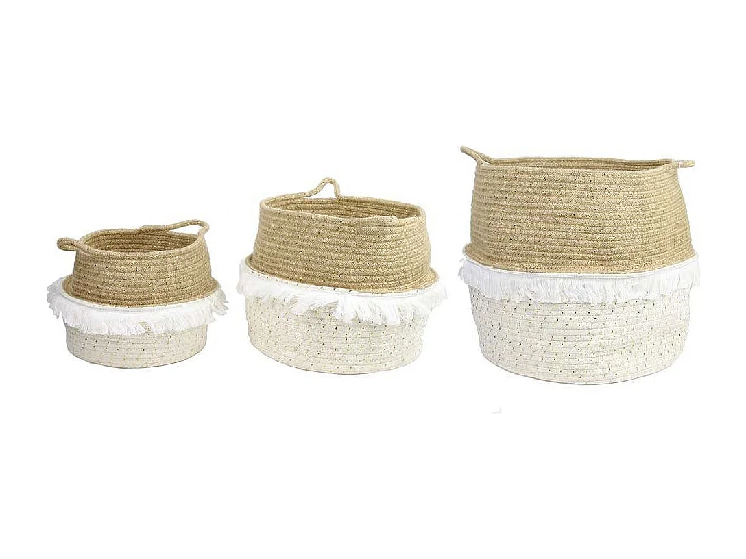 Panier Rangement A Frange Et Fibre Dore X3 Beige, Blanc
