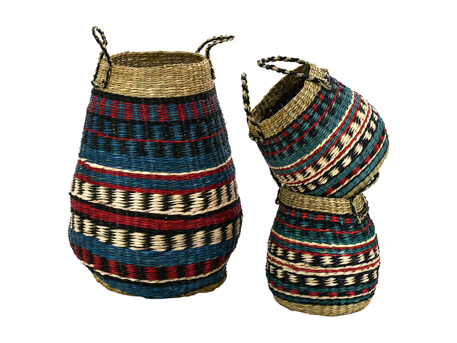 Großer Korb aus beide ungefärbter und gefärbter Binse (3er-Pack)