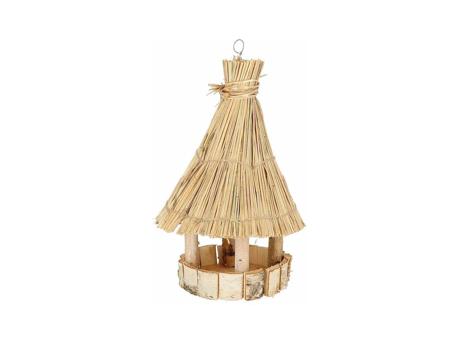 Mangeoire ronde en bouleau avec toit en chaume