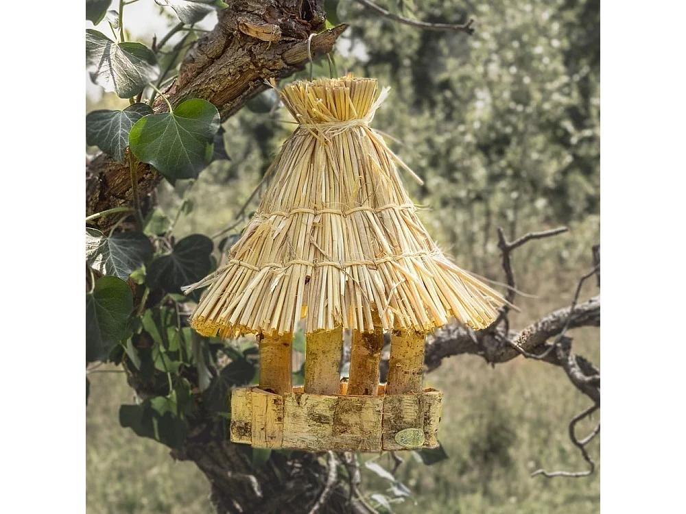 Mangeoire ronde en bouleau avec toit en chaume