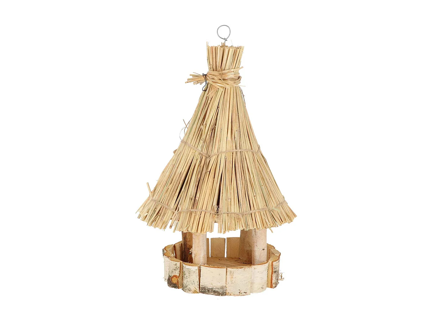 Mangeoire ronde en bouleau avec toit en chaume