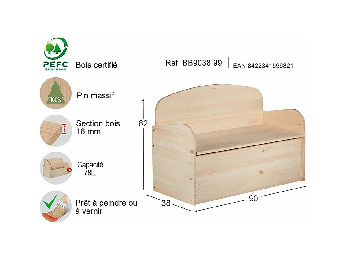 Banc coffre de rangement en pin brut 78 litres
