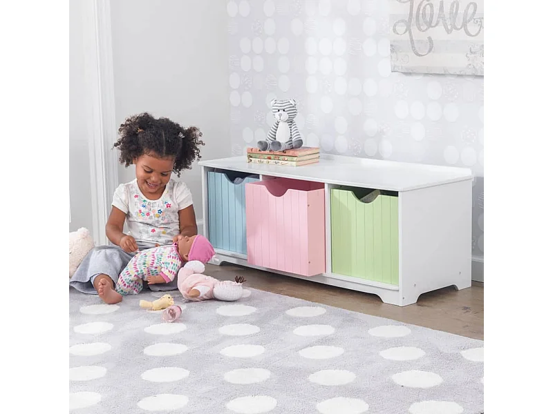 Panca portaoggetti in legno con cassetti color pastello