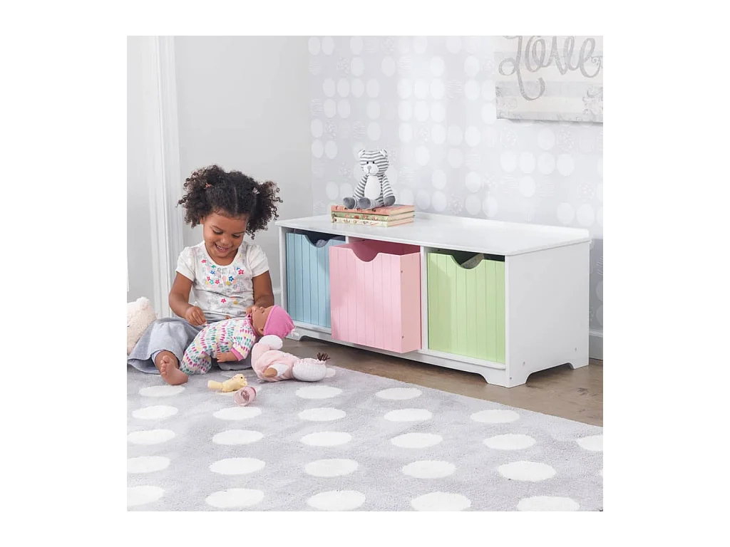 Panca portaoggetti in legno con cassetti color pastello