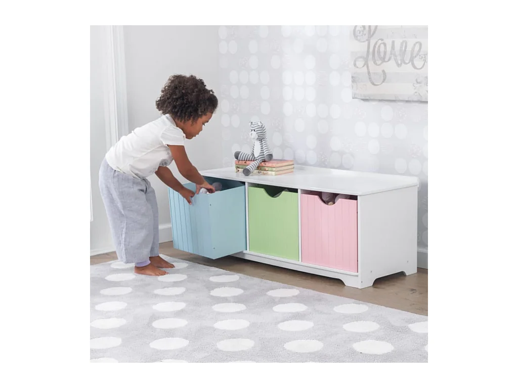 Panca portaoggetti in legno con cassetti color pastello