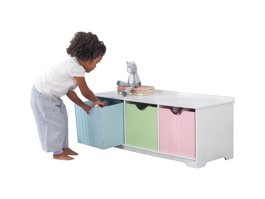 Panca portaoggetti in legno con cassetti color pastello