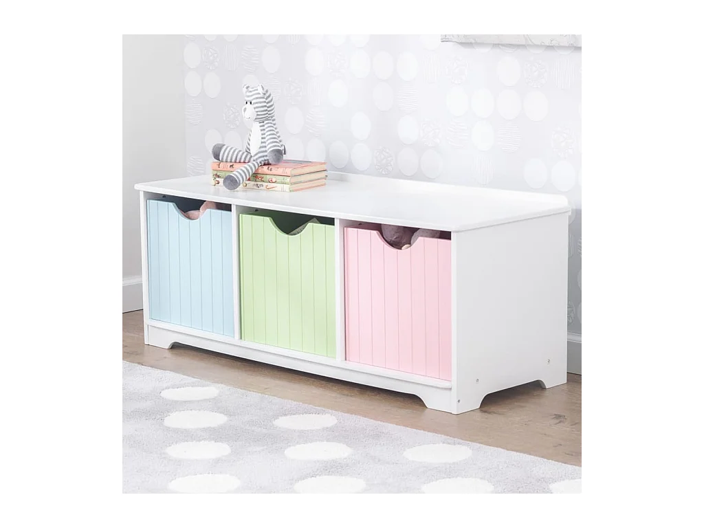 Panca portaoggetti in legno con cassetti color pastello