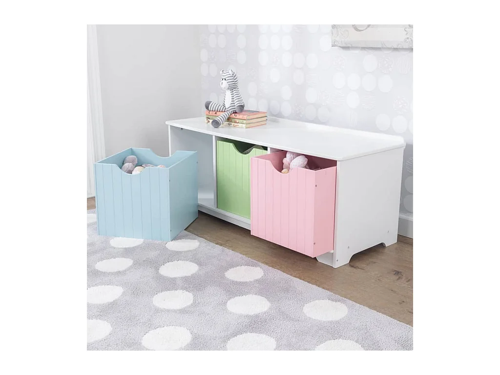 Panca portaoggetti in legno con cassetti color pastello