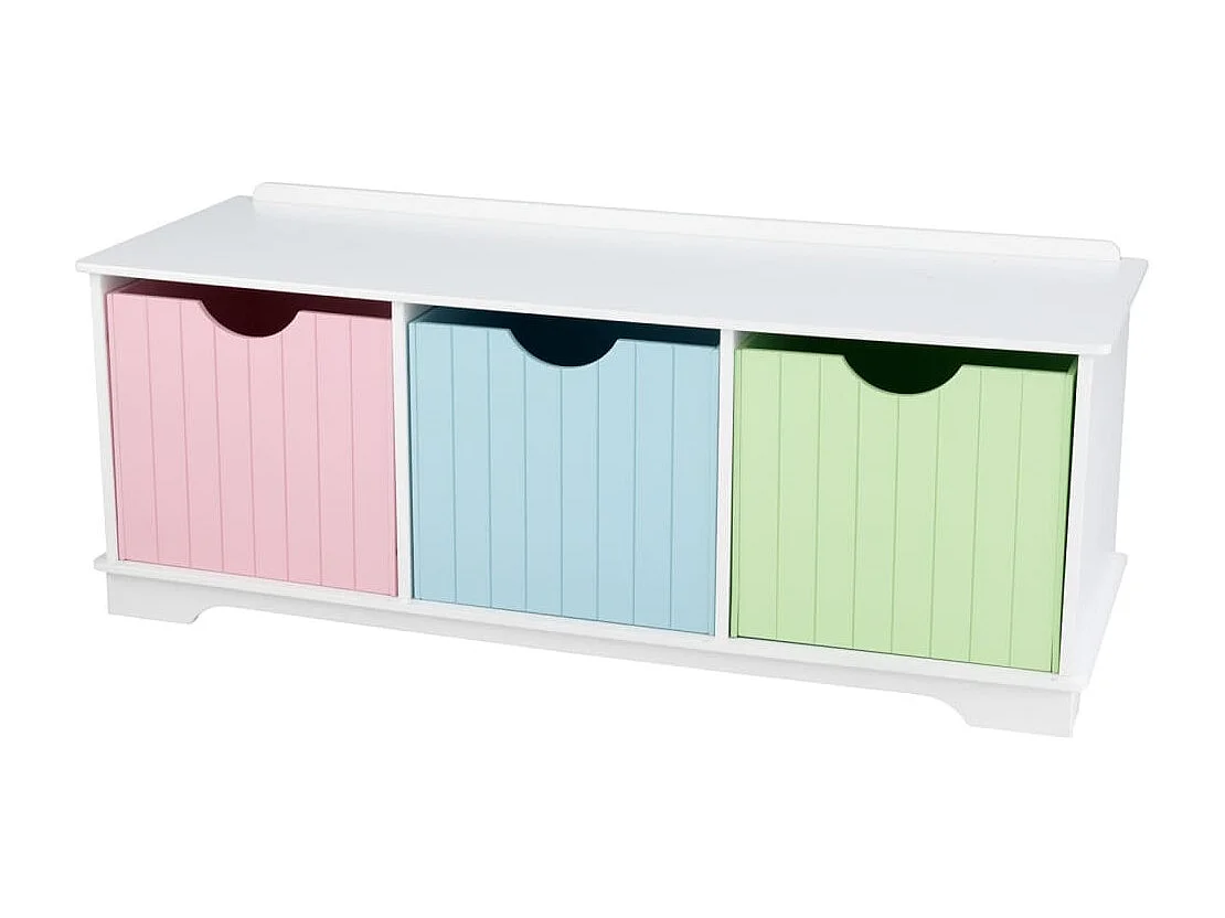 Panca portaoggetti in legno con cassetti color pastello
