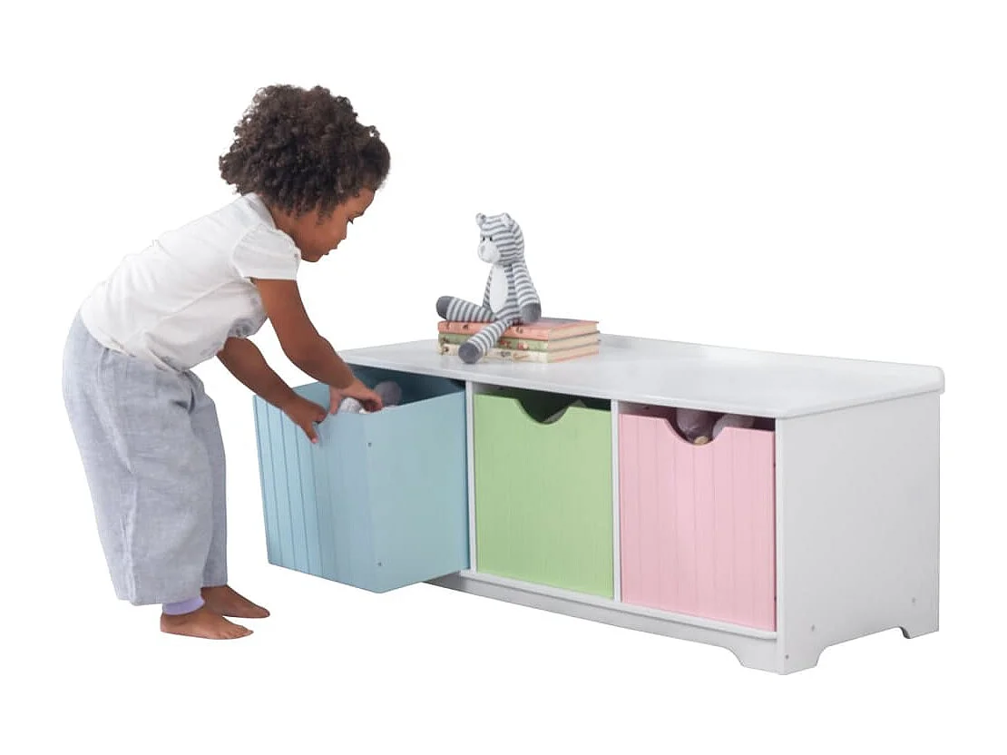 Panca portaoggetti in legno con cassetti color pastello