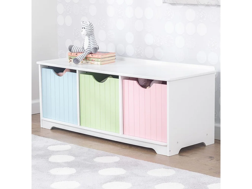Panca portaoggetti in legno con cassetti color pastello