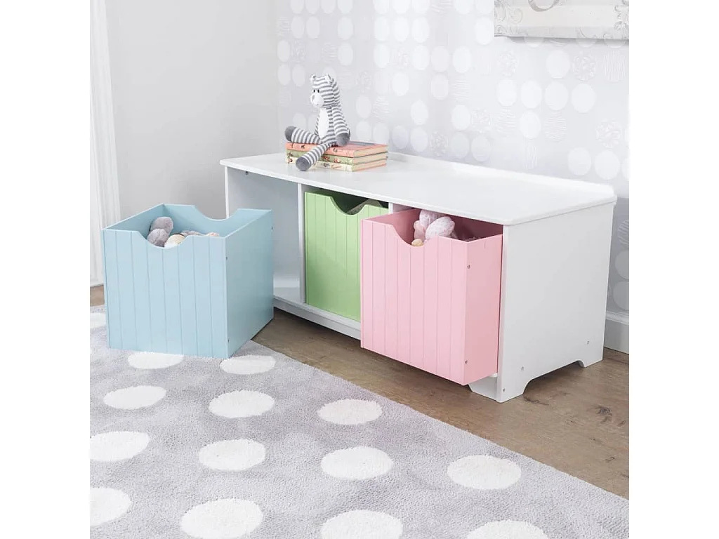 Panca portaoggetti in legno con cassetti color pastello