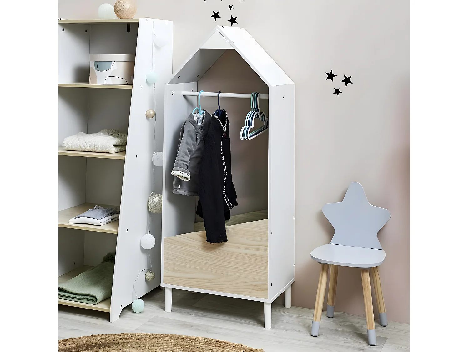 Armoire Penderie Enfant "Maya" 116cm Blanc & Beige
