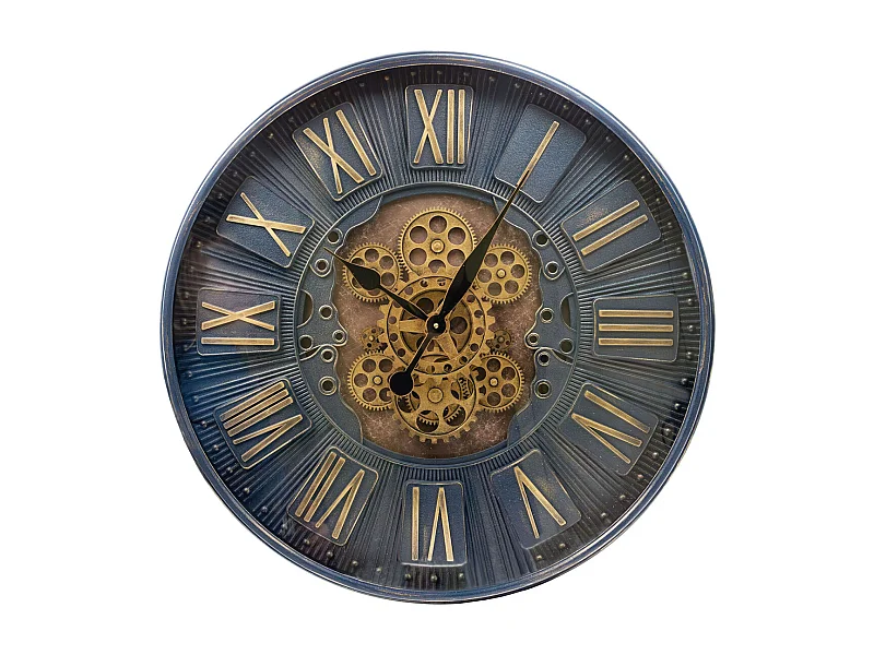 Pendule en fer vitrée avec rouages 70 cm