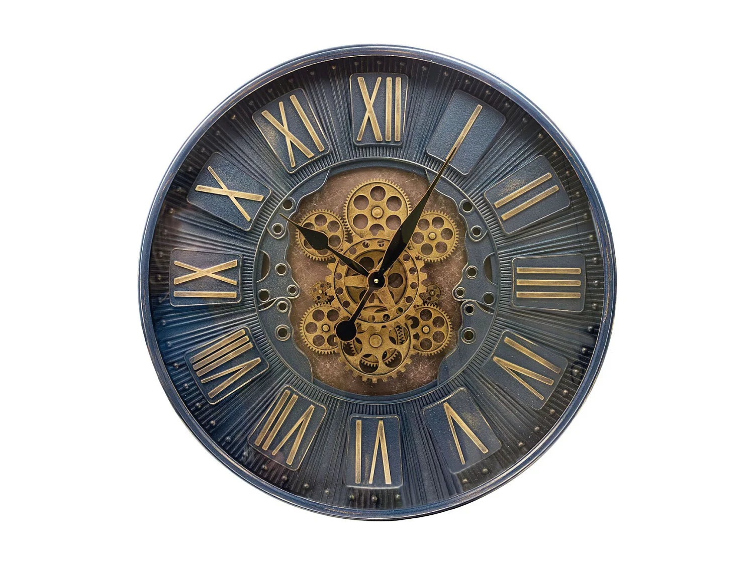 Pendule en fer vitrée avec rouages 70 cm