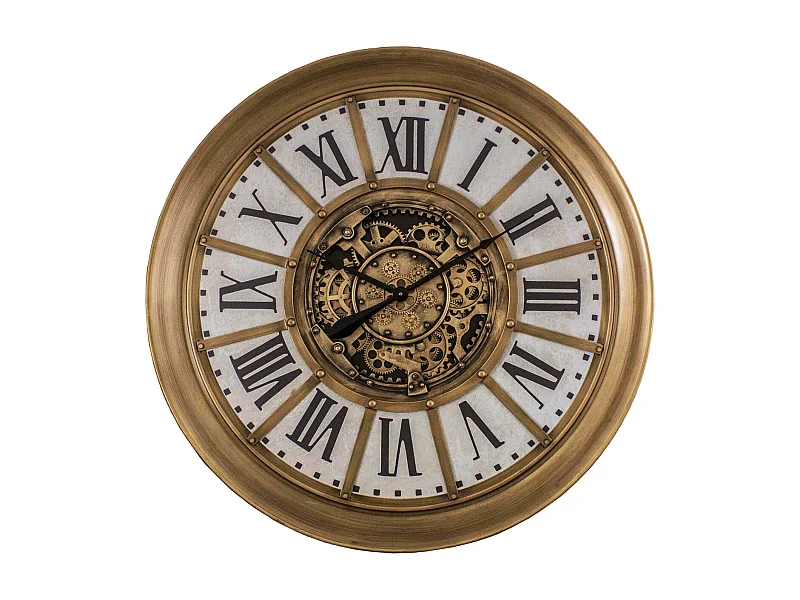 Pendule cartouches crème avec rouages en fer 96cm