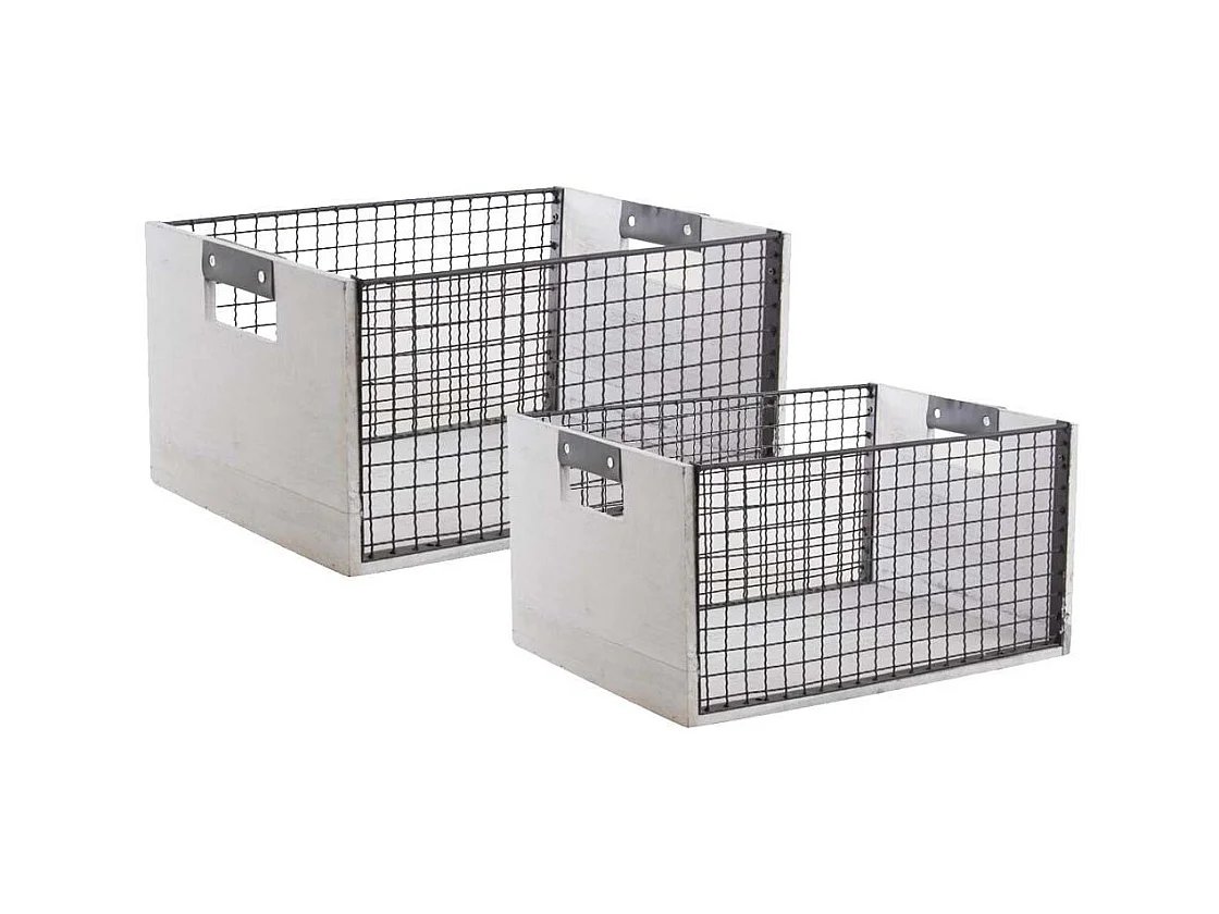 Corbeilles de rangement en bois vieilli et métal (Lot de 2)