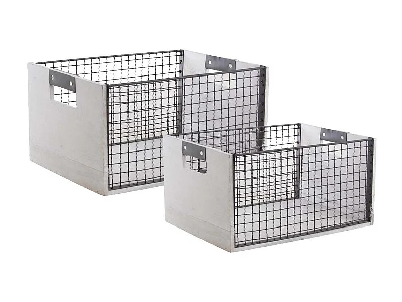 Corbeilles de rangement en bois vieilli et métal (Lot de 2)