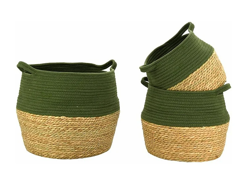 Corbeilles en jonc naturel et teinté kaki (Lot de 3)