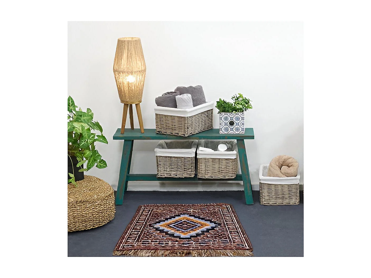 Corbeille de rangement en osier gris et coton 48 x 36 x 25 cm