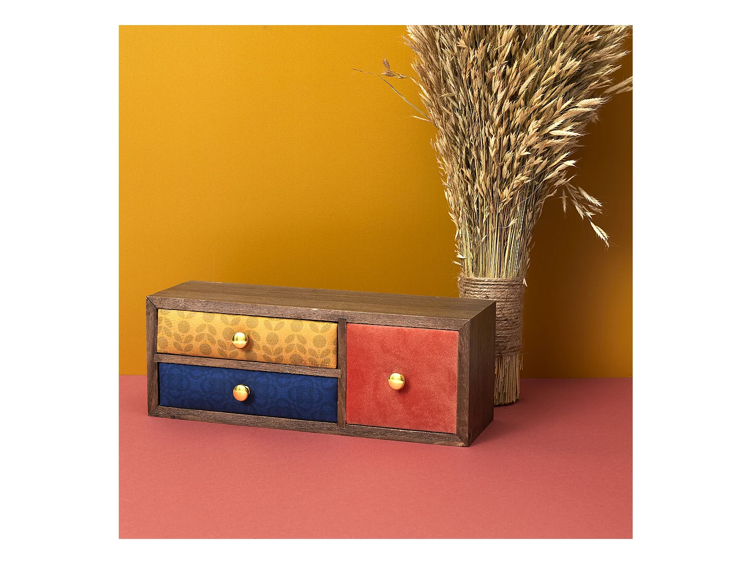 Rangement 3 Tiroirs Velours Jaune, Noir, Orange