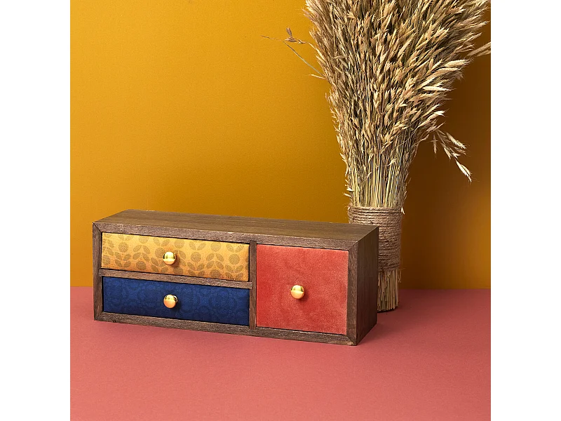 Rangement 3 Tiroirs Velours Jaune, Noir, Orange