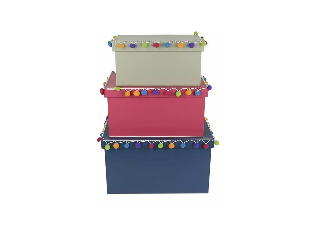 Rechteckige Ordnungsbox mit farbigen Pompon "Baba le Lama" (3er-Pack)