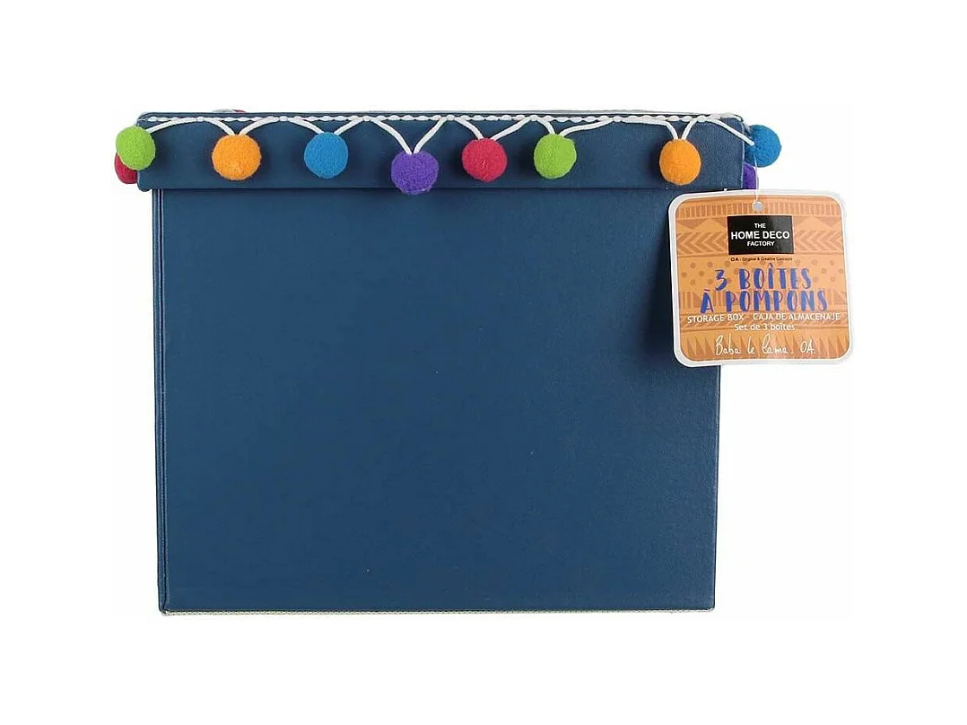 Rechteckige Ordnungsbox mit farbigen Pompon "Baba le Lama" (3er-Pack)