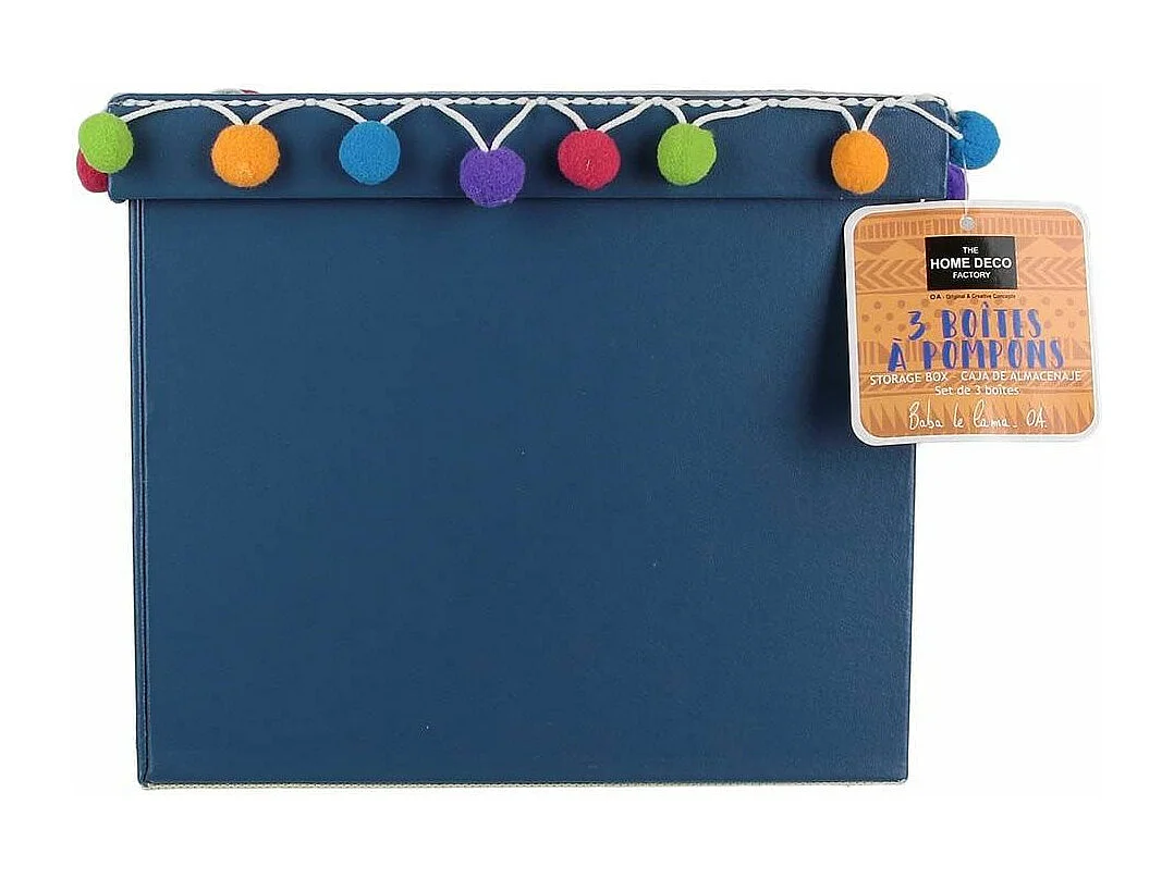 Rechteckige Ordnungsbox mit farbigen Pompon "Baba le Lama" (3er-Pack)