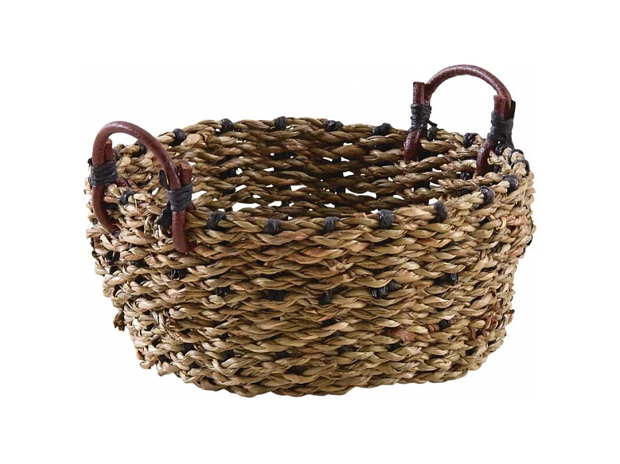 Corbeille ronde en jonc avec anses en cuir 14 cm