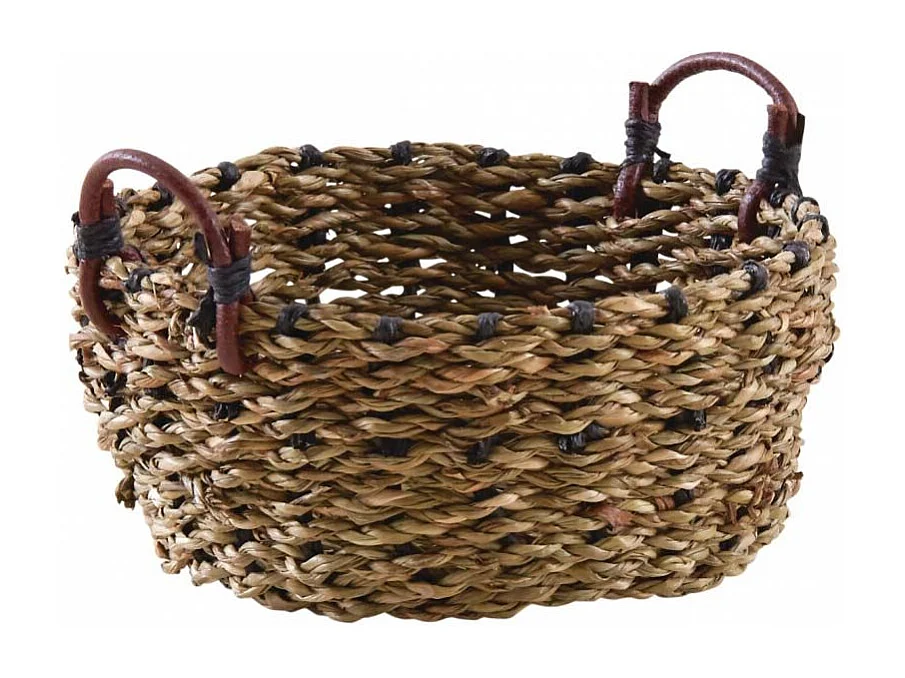Cesta redonda de junco con asas de cuero 14 cm