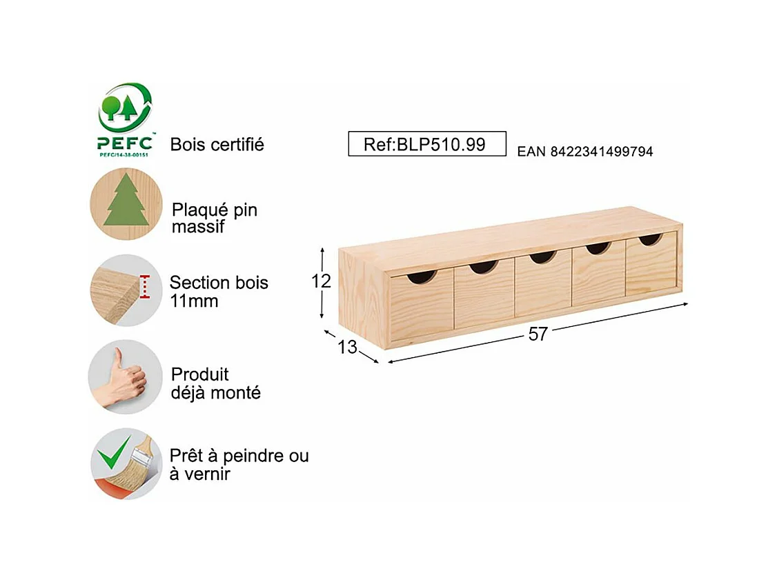 Mini rangement bloc en pin brut avec tiroirs 5 tiroirs