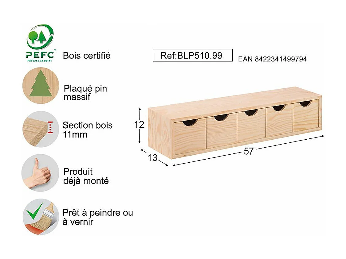 Mini-Ordnungskiste aus Rohkiefernholz mit Schubladen