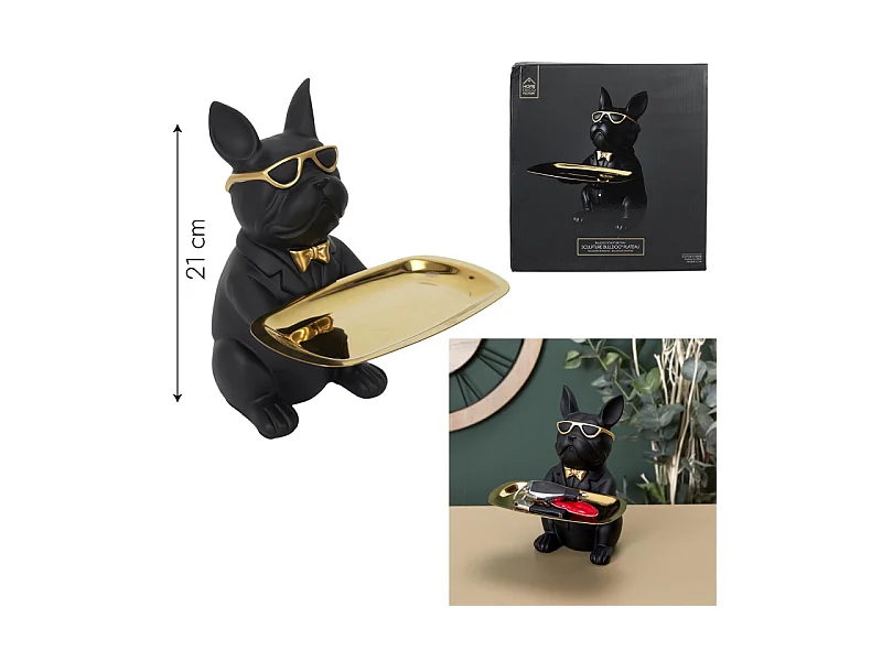 Sculpture Deco Bulldog Noir Vide Poche 21cm Noir, Or