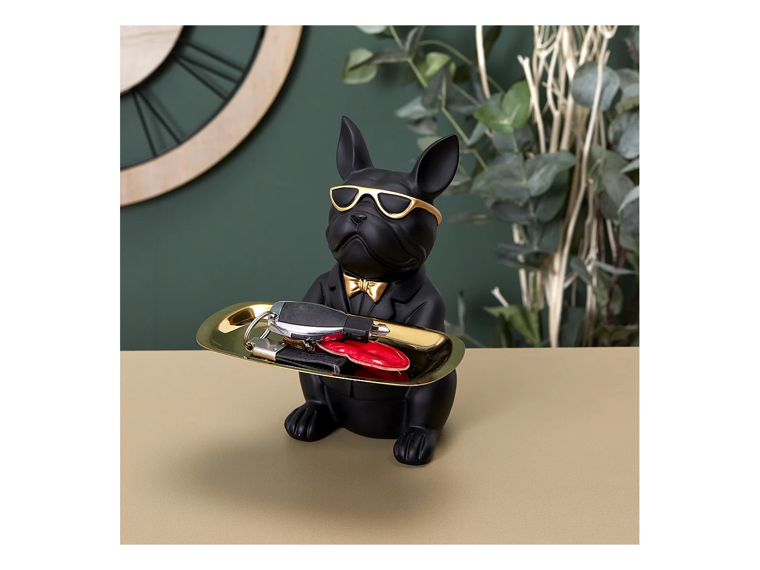 Sculpture Deco Bulldog Noir Vide Poche 21cm Noir, Or