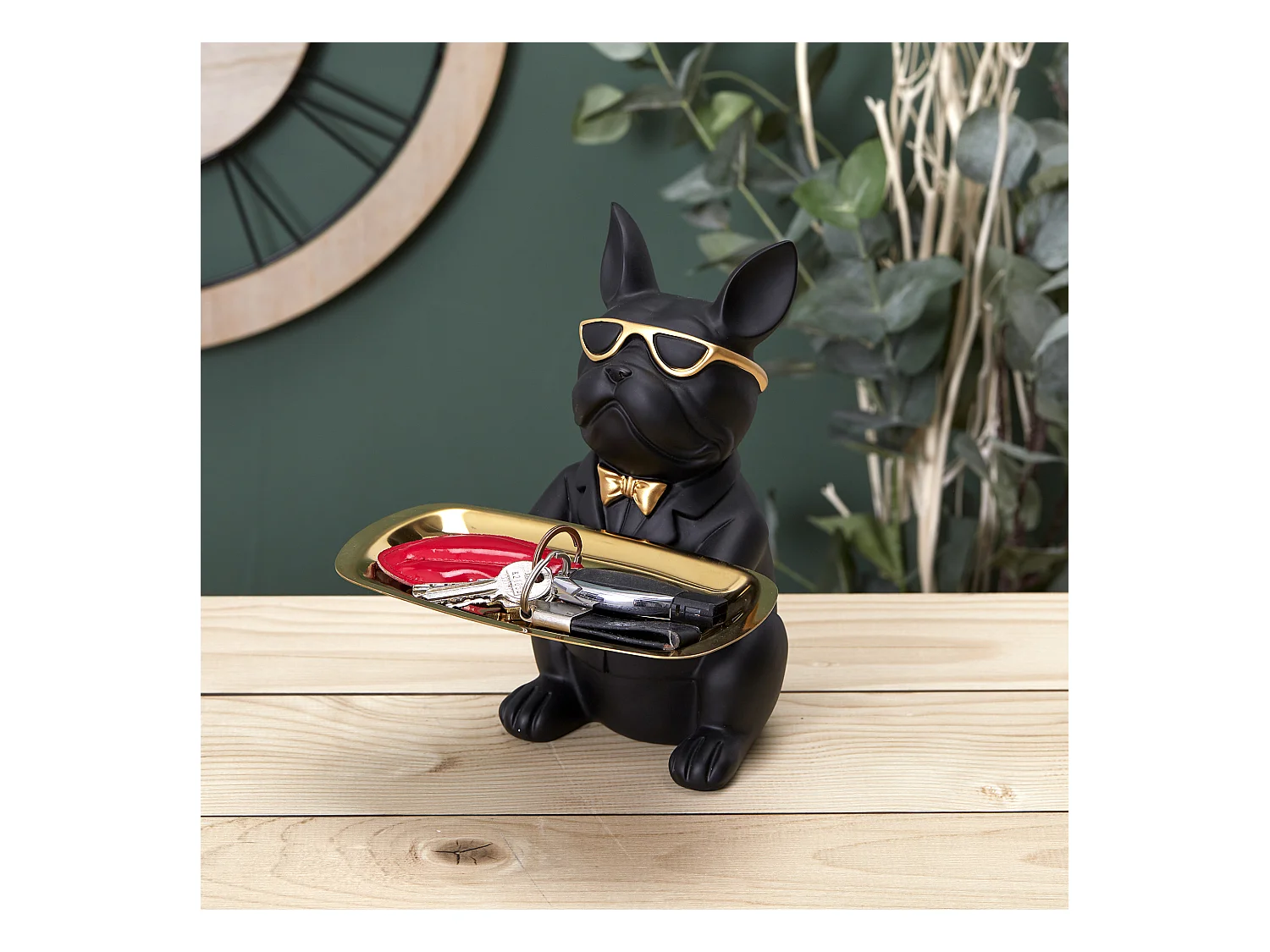 Sculpture Deco Bulldog Noir Vide Poche 21cm Noir, Or