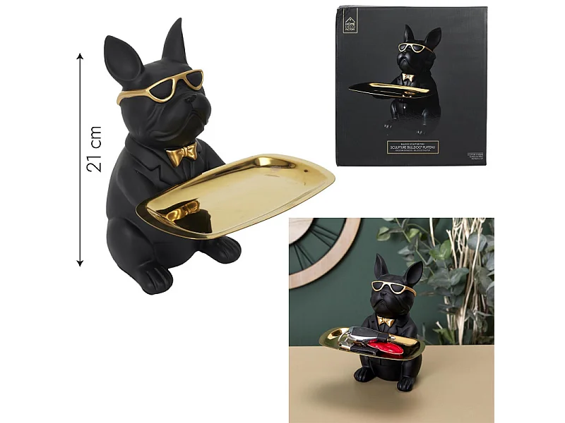 Sculpture Deco Bulldog Noir Vide Poche 21cm Noir, Or