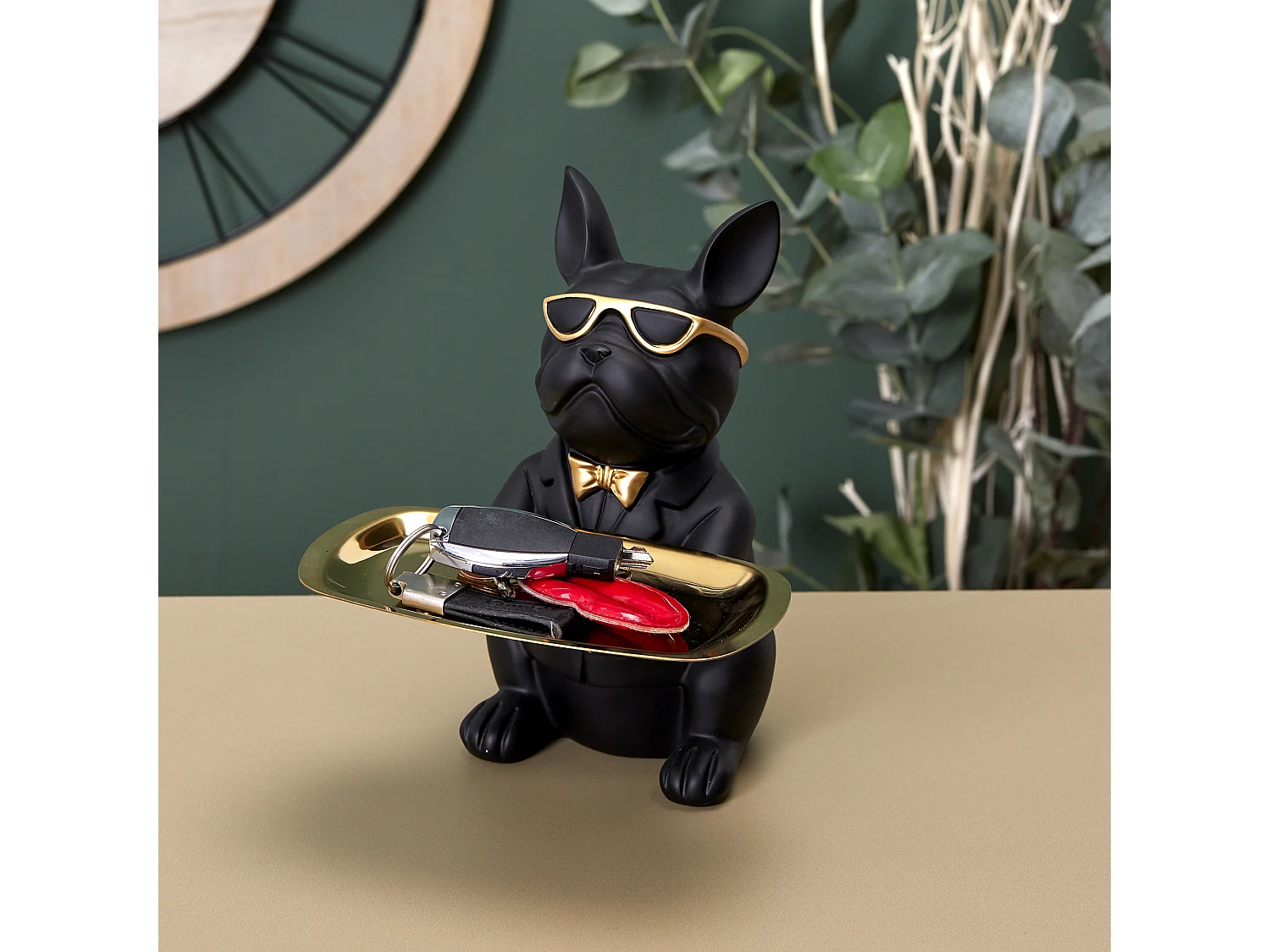 Sculpture Deco Bulldog Noir Vide Poche 21cm Noir, Or